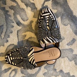 Calf Hair and rhinestone studded bow mule slides